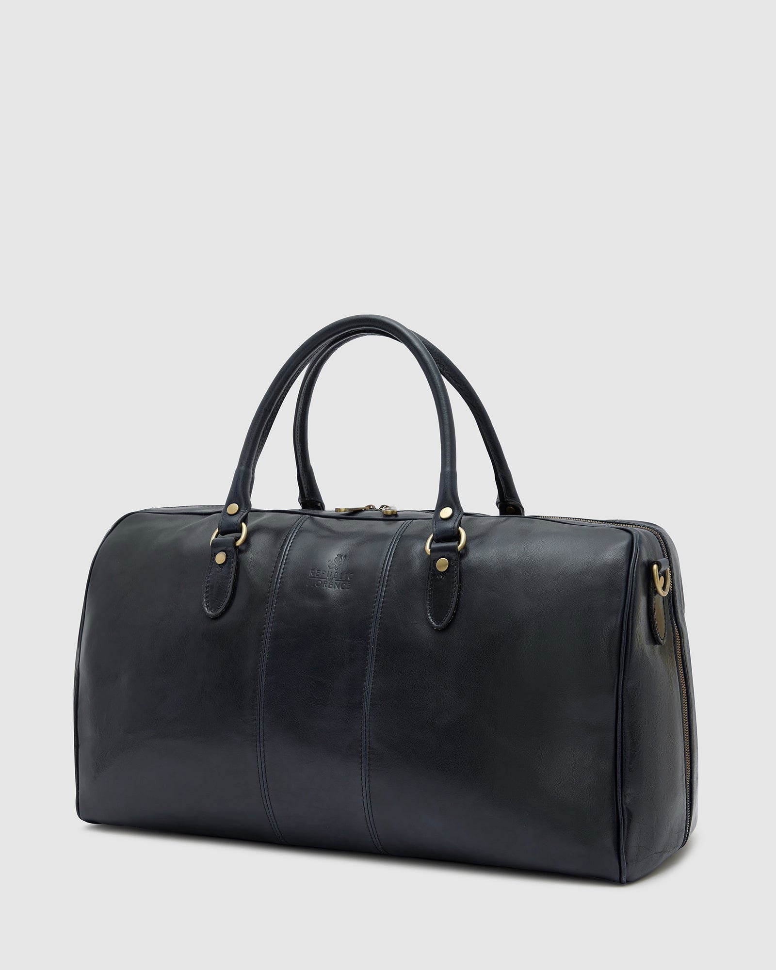 Blue leather duffle bag store