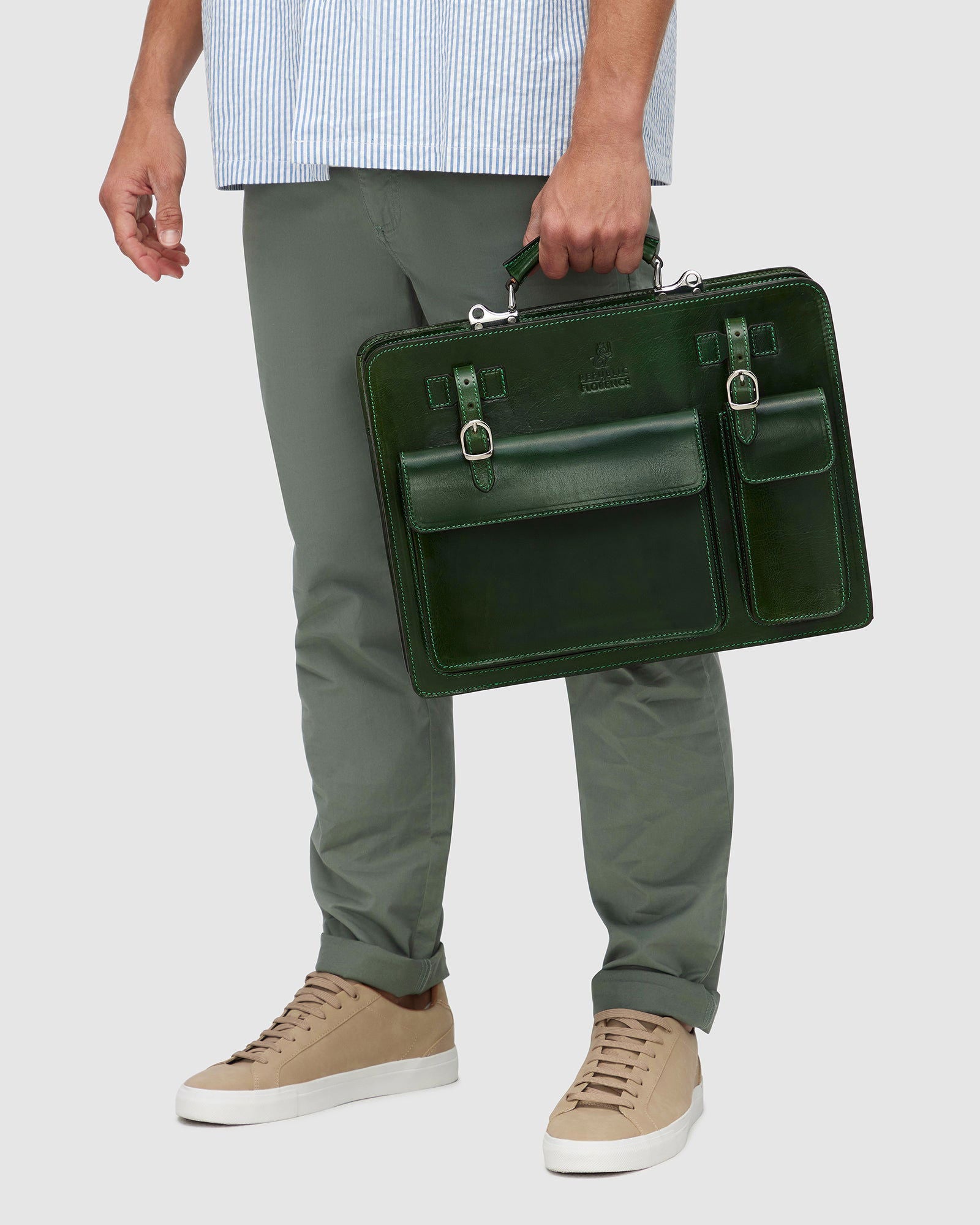 Munich Green - Double Compartment Leather Briefcase - Republic of Florence