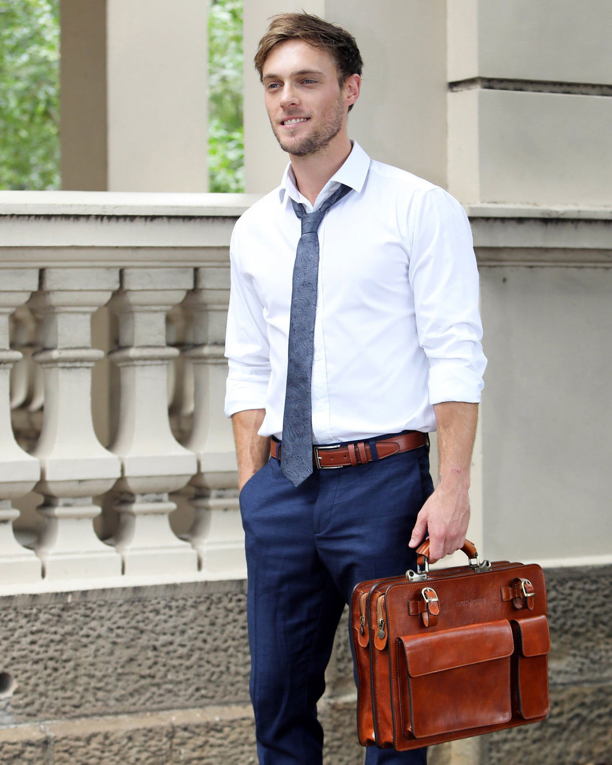 Munich Green - Double Compartment Leather Briefcase - Republic of Florence